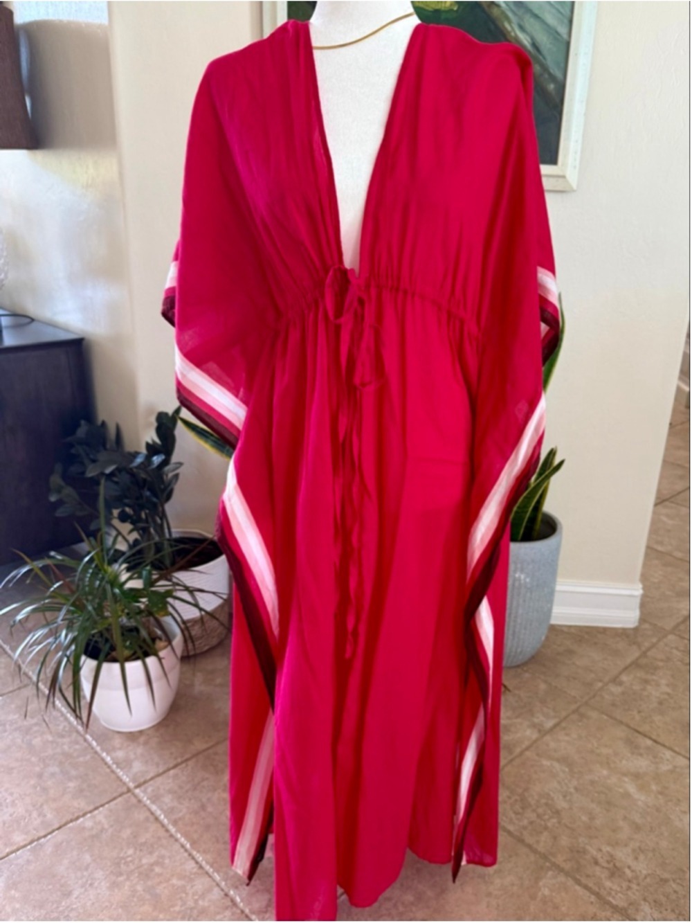 Banana Republic Pink & White Striped Kaftan One Size, high side slits adjustable